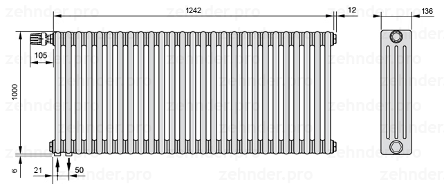 Схема (чертеж) Радиатор Zehnder Charleston 4100/27 №V001 Белый глянцевый RAL 9016